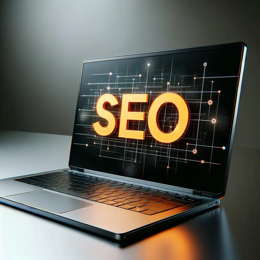 SEO 14 HGD Media GmbH DALL·E 2024 03 26 18.00.21 A minimalist yet realistic illustration featuring a sleek laptop open on a flat surface. The laptop screen vividly displays the word SEO in bold or