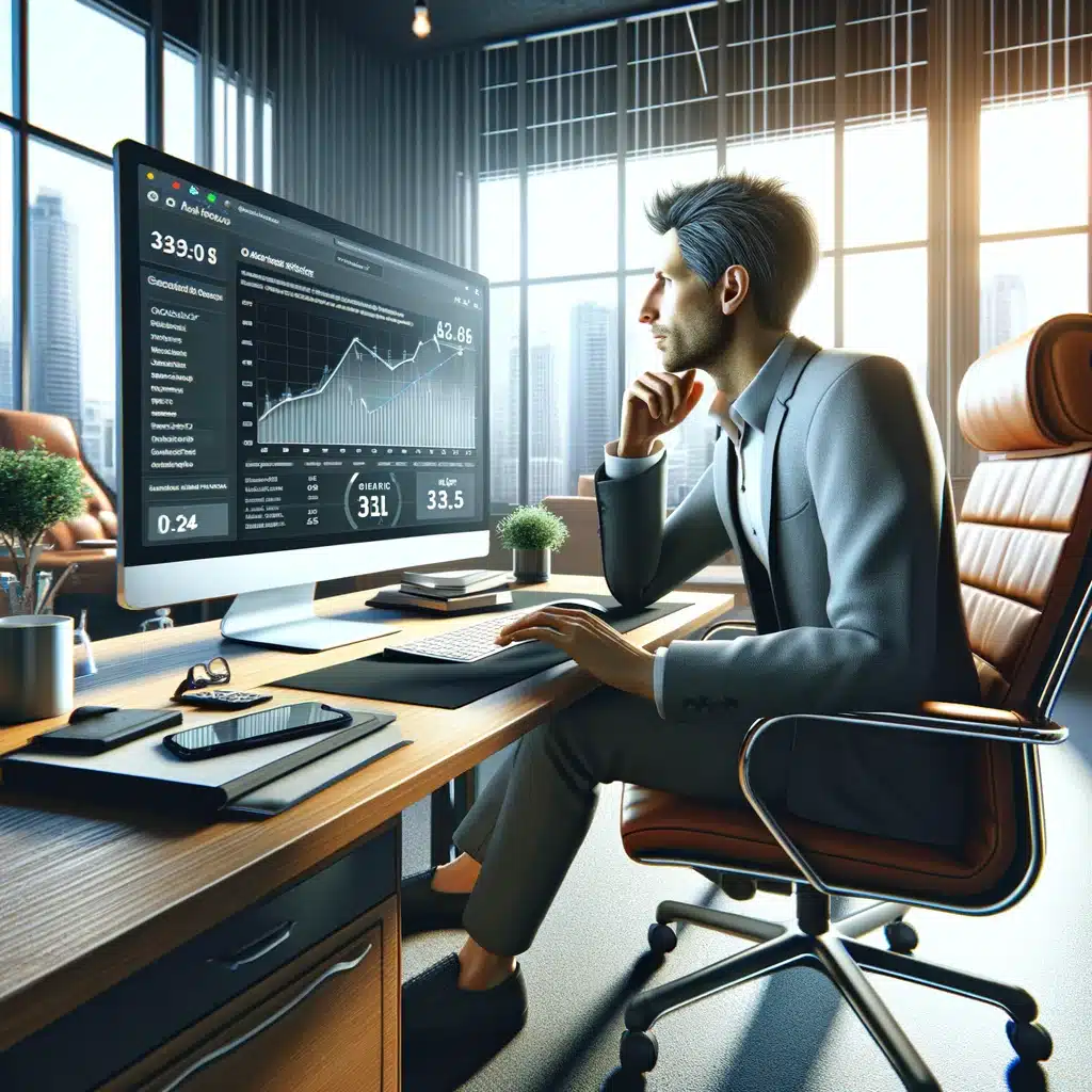 SEO 17 HGD Media GmbH DALL·E 2024 03 26 18.12.07 Create a hyper realistic illustration that captures a moment in a professionals life as he observes the success of his SEO strategies. In a modern b