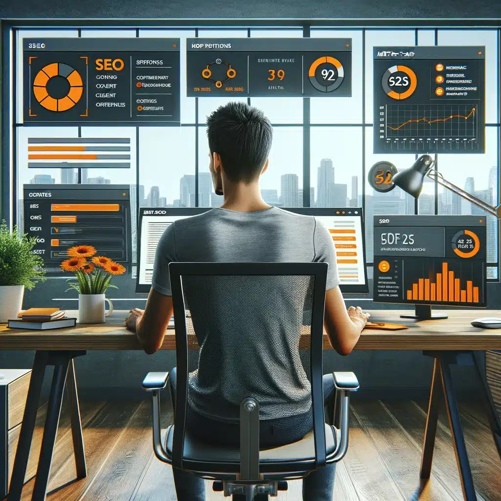 SEO 20 HGD Media GmbH DALL·E 2024 03 26 18.40.41 Adjust the previous image by depicting the male SEO specialist in casual attire instead of a suit while he works in the modern digital marketing offi