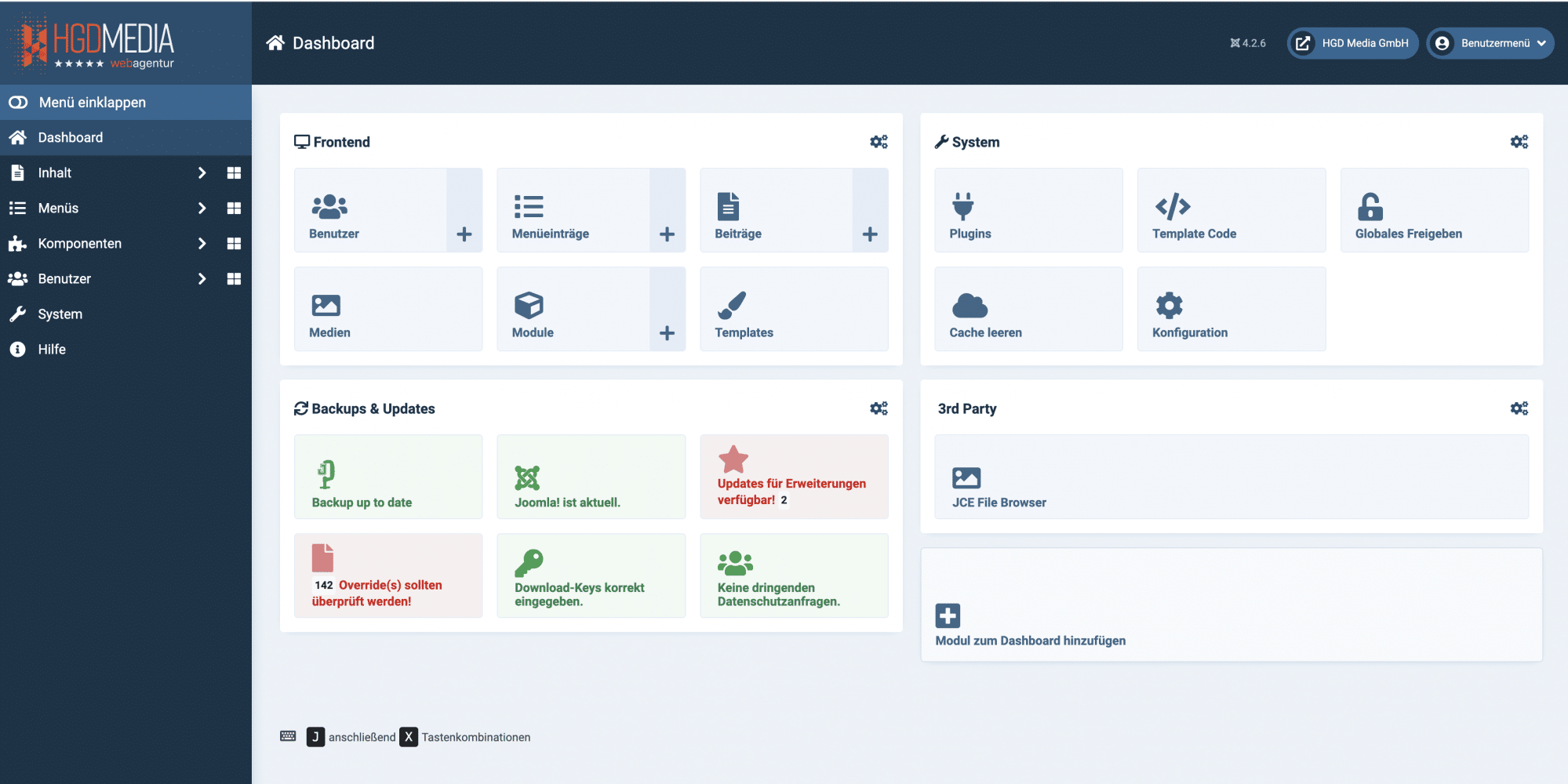 Joomla! 17 HGD Media GmbH joomla dashboard