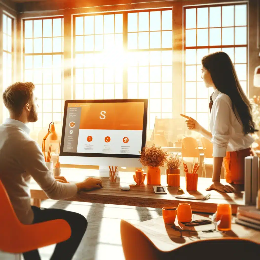 Joomla! 12 HGD Media GmbH DALL·E 2024 04 09 23.05.16 Create an image similar to the second one depicting a web designer and a client together in a daylight filled office focusing on a computer screen w