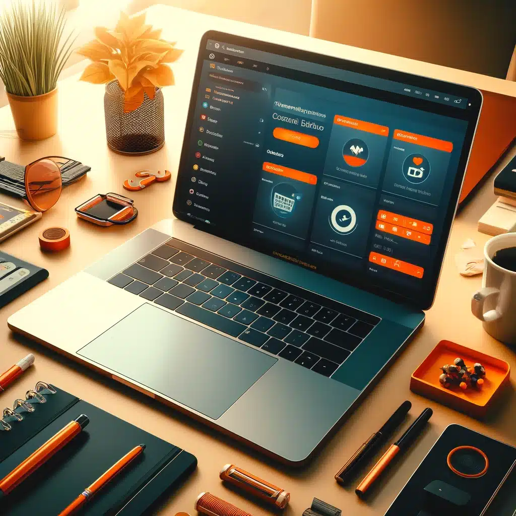 Joomla! 15 HGD Media GmbH DALL·E 2024 04 09 23.08.30 Create an image depicting a laptop on an office desk showcasing a CMS editor interface on its screen similar to Elementor used for website creation