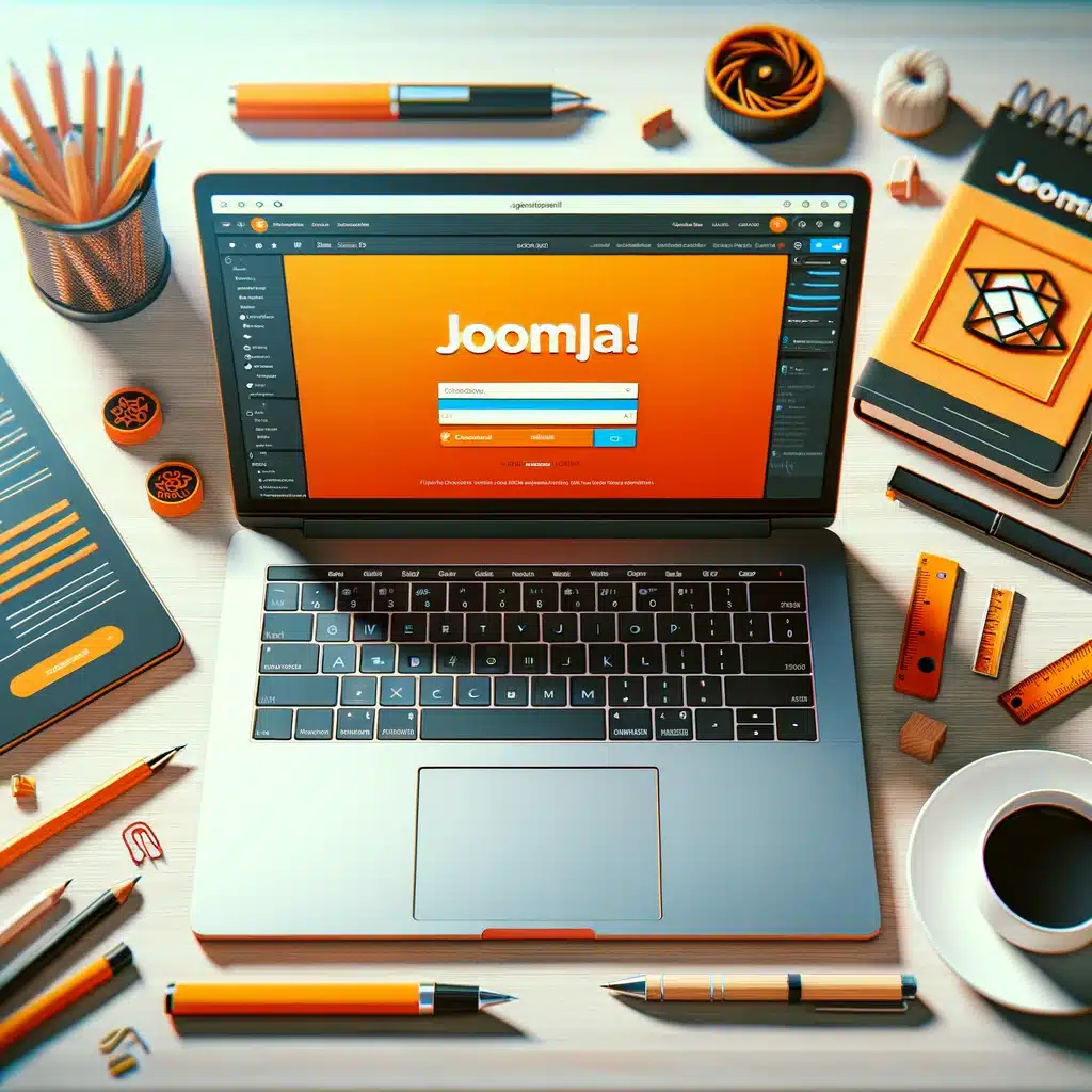Joomla! 16 HGD Media GmbH DALL·E 2024 04 09 23.12.10 Recreate the right image by adding JOOMLA prominently on the CMS editor interface displayed on the laptops screen. The scene remains in an office