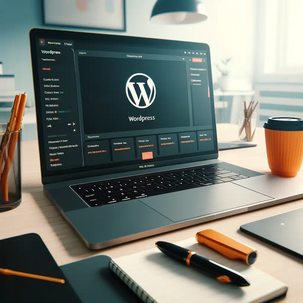 WordPress 6 HGD Media GmbH DALL·E 2024 04 10 10.56.46 Recreate the image by displaying the official WordPress logo prominently on the CMS editor interface on the laptops screen without including a coffe