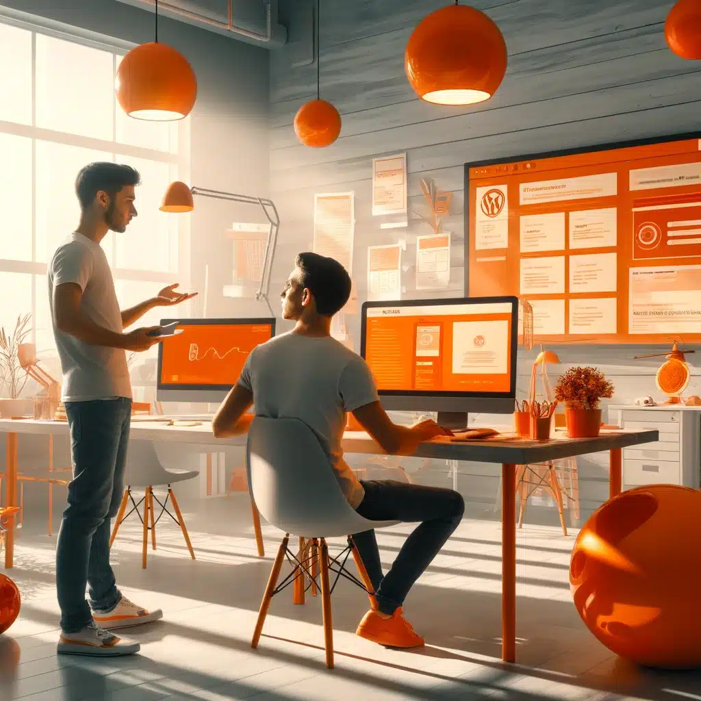 WordPress 8 HGD Media GmbH DALL·E 2024 04 10 11.06.16 Recreate the image showing a web designer working on a WordPress website and speaking with a client this time incorporating orange elements into the