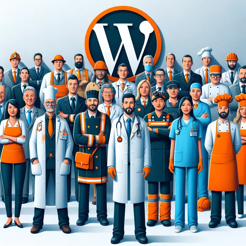 WordPress 10 HGD Media GmbH DALL·E 2024 04 10 11.44.10 Recreate the image to include an even wider array of professionals adding doctors engineers chefs and more to the mix of technology experts cons
